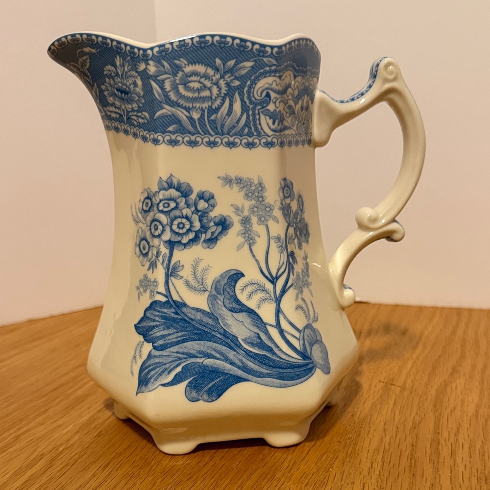 Antique Godinger Blue and Cream Ellana Ceramic Floral Pitcher